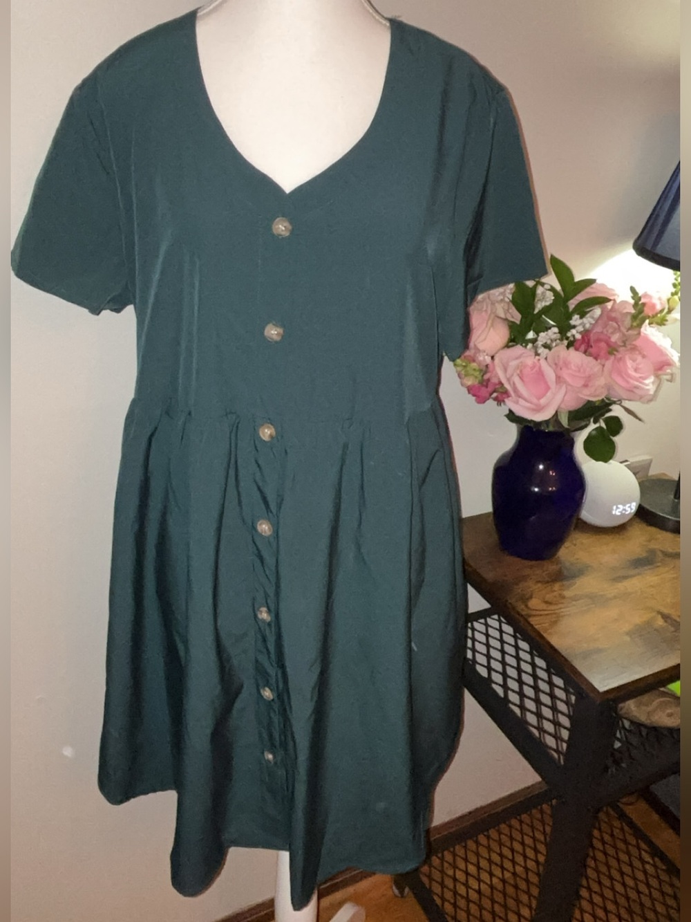 Dark Green Button-Front Short Sleeve Dress